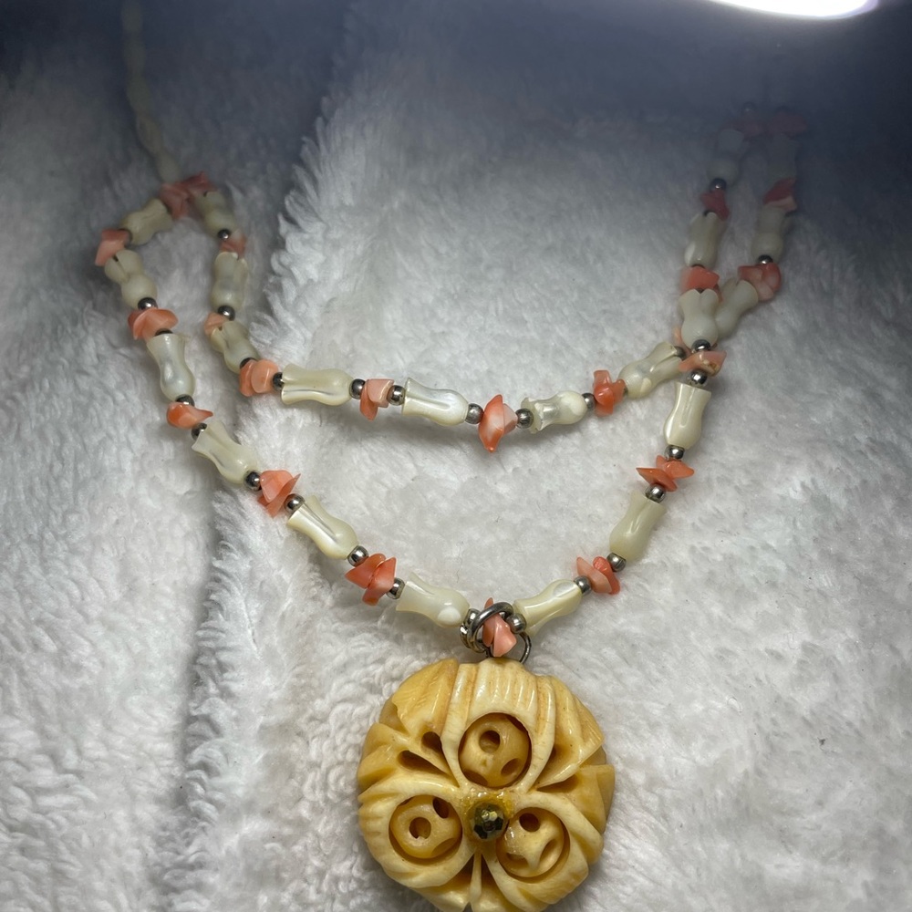 Beaded Mother Of Pearl and Coral Multi-Strand Necklace - Picture 2 of 3